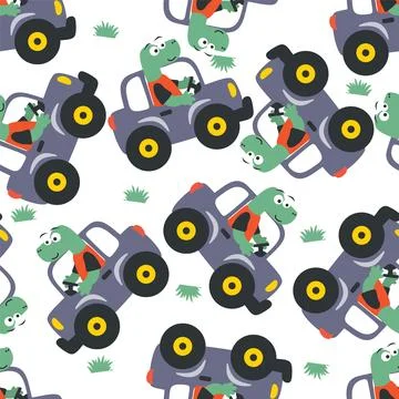 Seamless pattern of cute dinosaur driving a car go to forest funny animal 스톡 일러스트