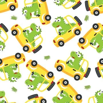 Seamless pattern of cute dinosaur driving a car go to forest funny animal 스톡 일러스트