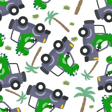 Seamless pattern of cute dinosaur driving a car go to forest funny animal 스톡 일러스트