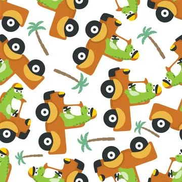 Seamless pattern of cute dinosaur driving a car go to forest funny animal Stock Illustration