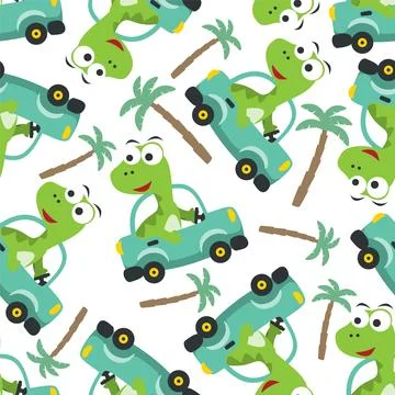 Seamless pattern of cute dinosaur driving a car go to forest funny animal Stock Illustration
