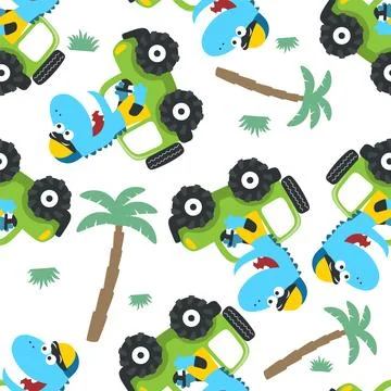 Seamless pattern of cute dinosaur driving a car go to forest funny animal 스톡 일러스트
