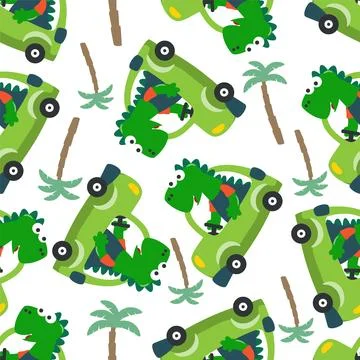 Seamless pattern of cute dinosaur driving a car go to forest funny animal Stock Illustration