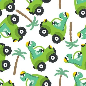 Seamless pattern of cute dinosaur driving a car go to forest funny animal Stock Illustration