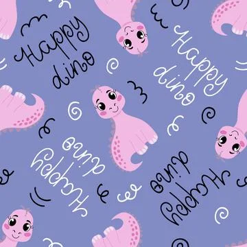 Seamless pattern with a cute dinosaur, lettering Stock Illustration