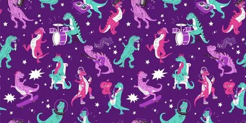 Seamless pattern with cute dinosaur listening music, playing saxophone, electric Illustrazione stock