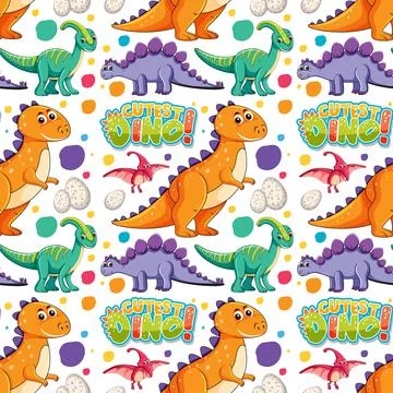 Seamless pattern with cute dinosaurs and font on white background Stock Illustration