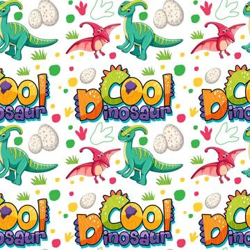 Seamless pattern with cute dinosaurs and font on white background Stock Illustration