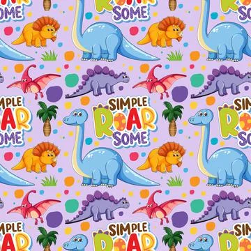Seamless pattern with cute dinosaurs and font on purple background Stock Illustration