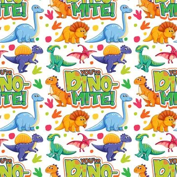 Seamless pattern with cute dinosaurs and font on white background Stock Illustration