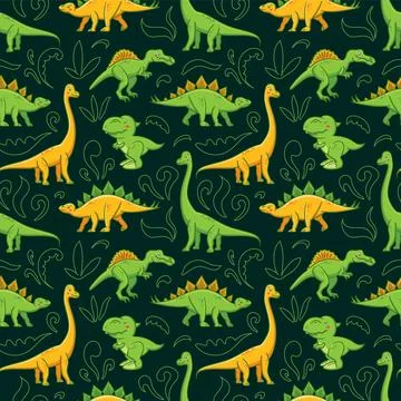 Seamless pattern of cute dinosaurs in Asian kawaii style. Tyrannosaurus rex Stock Illustration