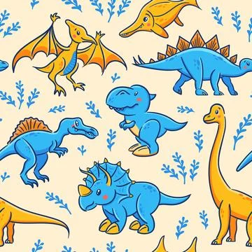 Seamless pattern of cute dinosaurs in Asian kawaii style. Tyrannosaurus rex Stock Illustration