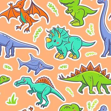 Seamless pattern of cute dinosaurs in Asian kawaii style. Tyrannosaurus rex Stock Illustration