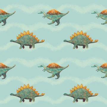 Seamless Pattern with Cute Dinosaurs blue and orange Stock Illustration
