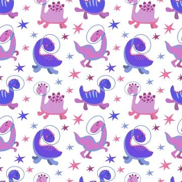 Seamless pattern with cute dinosaurs in cosmos. White background, vector Illustrazione stock