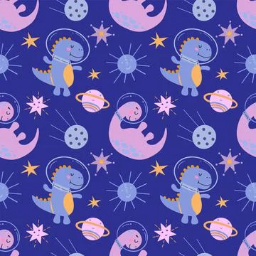 Seamless pattern with cute dinosaurs in cosmos. Blue background, vector graphics Stock Illustration