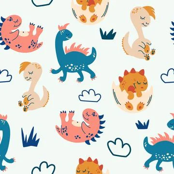 Seamless pattern with cute dinosaurs. Creative childish texture for fabric, w Stock Illustration