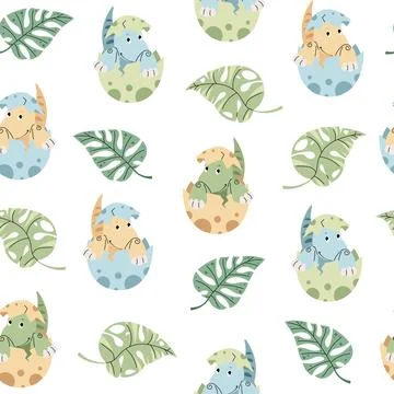 Seamless pattern with cute dinosaurs in an egg in flat style. Endless texture Stock Illustration