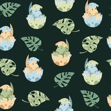 Seamless pattern with cute dinosaurs in an egg in flat style. Endless texture Stock Illustration