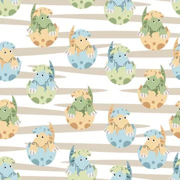 Seamless pattern with cute dinosaurs in an egg in flat style. Endless texture Stock Illustration