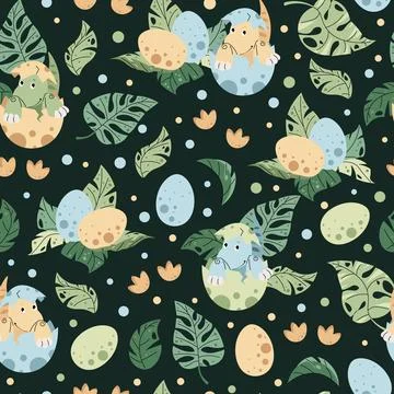 Seamless pattern with cute dinosaurs in an egg in flat style. Endless texture Stock Illustration