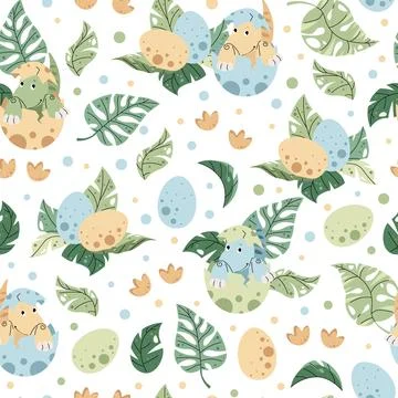 Seamless pattern with cute dinosaurs in an egg in flat style. Endless texture Stock Illustration