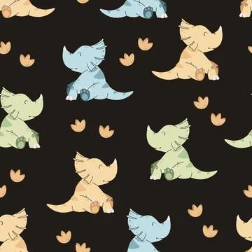 Seamless pattern with cute dinosaurs in flat style. Repeating background with Stock Illustration