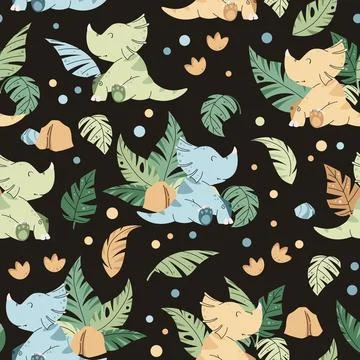 Seamless pattern with cute dinosaurs in flat style. Endless background with.. Stock Illustration
