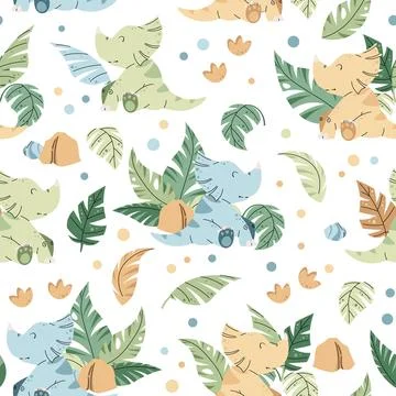 Seamless pattern with cute dinosaurs in flat style. Endless background with b Stock Illustration