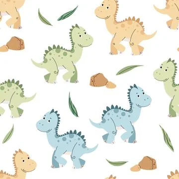 Seamless pattern with cute dinosaurs in flat style. Repeating background with イラスト素材