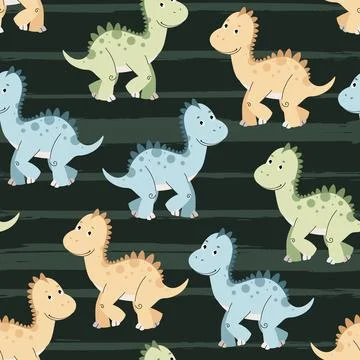 Seamless pattern with cute dinosaurs in flat style. Repeating texture with ba Stock Illustration