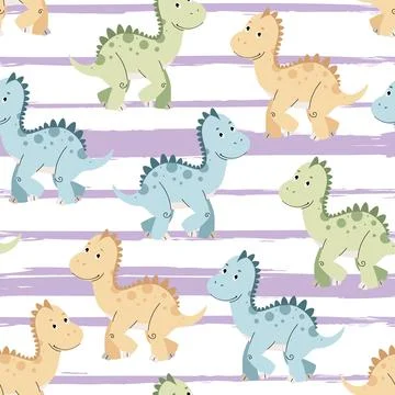 Seamless pattern with cute dinosaurs in flat style. Repeating texture with .. Stock Illustration