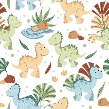 Seamless pattern with cute dinosaurs in flat style. Endless background with.. Stock Illustration