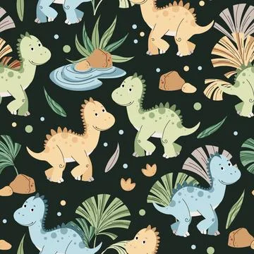 Seamless pattern with cute dinosaurs in flat style. Endless background with b Stock Illustration