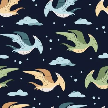Seamless pattern with cute dinosaurs in flat style. Endless texture with fl.. Stock Illustration