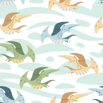 Seamless pattern with cute dinosaurs in flat style. Endless texture with flyi Stock Illustration