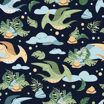 Seamless pattern with cute dinosaurs in flat style. Endless texture with flyi Stock Illustration