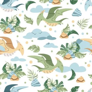 Seamless pattern with cute dinosaurs in flat style. Endless texture with flyi Stock Illustration