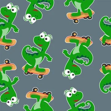 Seamless pattern with cute dinosaurs on  skate board, For fabric textile Stock Illustration