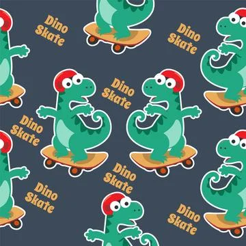 Seamless pattern with cute dinosaurs on  skate board, For fabric textile, Stock Illustration