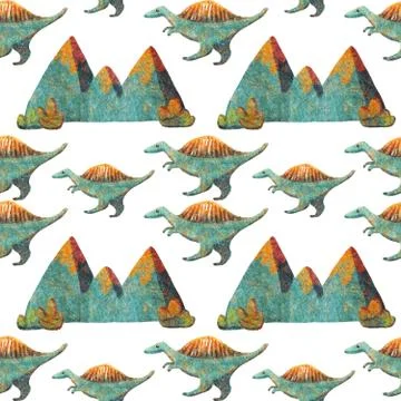 Seamless Pattern Cute Dinosaurs Stenosaurus and mountains Illustrazione stock