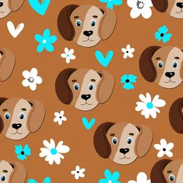 Seamless pattern with cute dog face on color floral background. Vector flat Stock Illustration