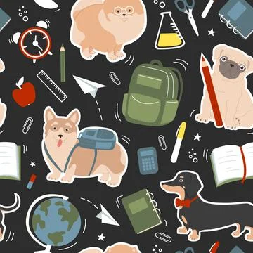 Seamless pattern of cute dogs and school elements - globe, paper clips, backp イラスト素材