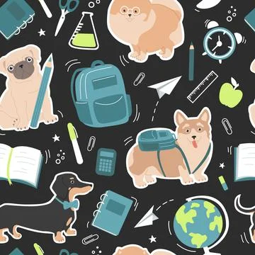 Seamless pattern of cute dogs and school elements - globe, paper clips, backp Ilustración de archivo