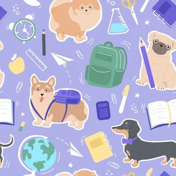 Seamless pattern of cute dogs and school elements - globe, paper clips, backp 스톡 일러스트