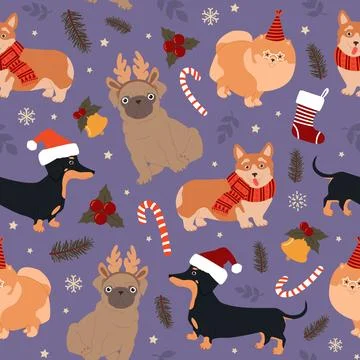 Seamless pattern of cute dogs and Christmas elements. Modern flat illustratio Illustrazione stock