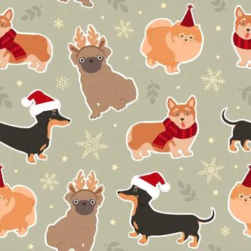 Seamless pattern of cute dogs and Christmas elements. Modern flat illustratio Illustrazione stock