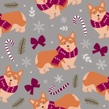 Seamless pattern of cute dogs and Christmas elements. Modern flat illustratio Illustrazione stock