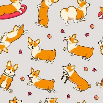 Seamless pattern. Cute dogs breed Welsh Corgi Pembroke on white background. A Illustrazione stock