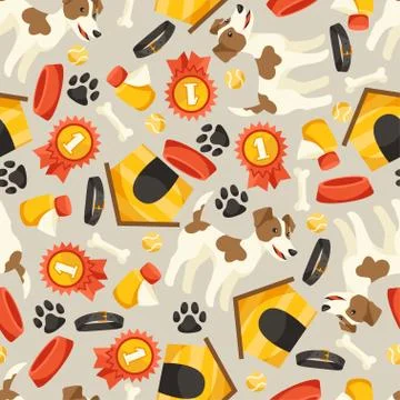 Seamless pattern with cute dogs, icons and objects Illustrazione stock